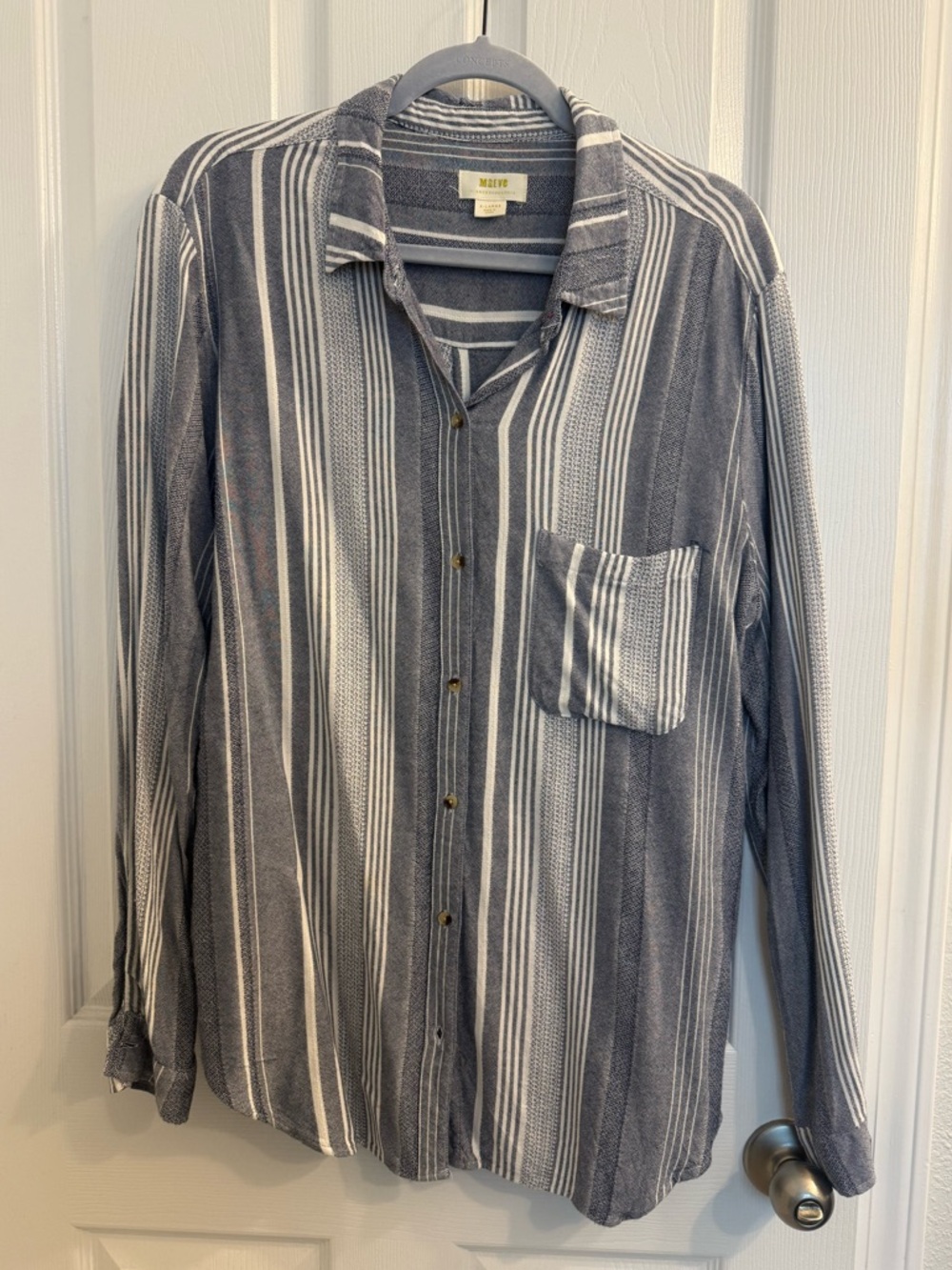 Anthropologie Maeve Long-Sleeve Striped Button-Up Shirt in Gray/Blue and White